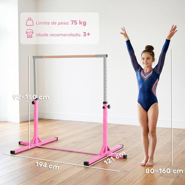 Barra de Ginástica para Crianças com Altura Ajustável 92 - 150 cm Barra Horizontal de Ginástica 197x121x150 cm Rosa