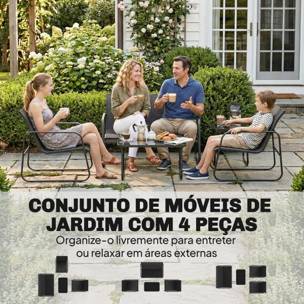 Conjunto Jardim de 4 Peças com Sofá de 2 Lugares 2 Poltronas Mesa de Vidro Temperado Tecido Textilene Respirável Cinza Escuro