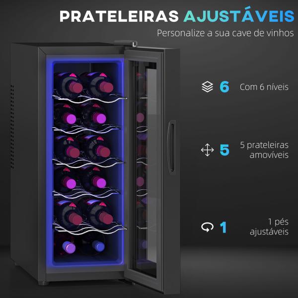 Cave de Vinhos 12 Garrafas com Dupla Refrigeração Termoelétrica Temperatura Ajustável 8 - 18℃ Porta de Vidro Anti - UV Ecrã LED Luz Interior Preto