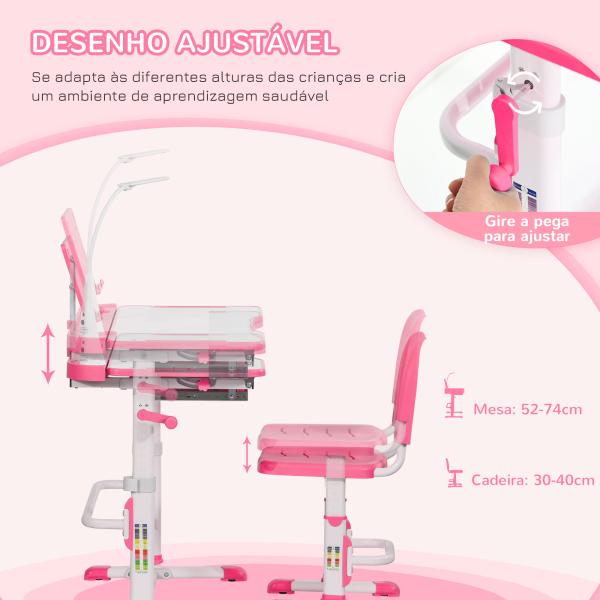 Conjunto de Secretária e Cadeira para Crianças com Altura Ajustável Mesa Inclinável Lâmpada LED 80x49,5x80 - 105cm e 36x34x60 - 73cm Rosa