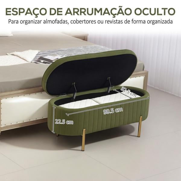 Banco de Cama com Arrumação em Veludo, Pés Dourados e Design Oval Elegante, 108x44x43,5 cm, Verde Escuro