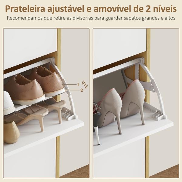 Sapateira Estreita com 3 Portas em Branco Brilhante Prateleiras Ajustáveis Pernas de Madeira para 18 Pares de Sapatos 60x24x127 cm