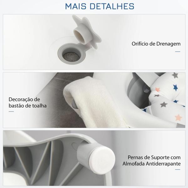 Banheira para Bebé Recém Nascido até 3 Anos Dobrável 30 Litros com Tampa Termossensível e Almofada Confortável Almofadas Antiderrapantes 81,5x50,5x23,5cm Cinza e Branco