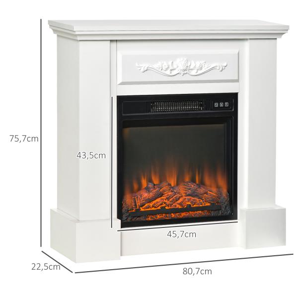 Lareira Elétrica 1800W com Efeito de Chama Realista Controlo Remoto Temporizador para Ambientes até 30 m² 80,7x22,5x76,5 cm Branco