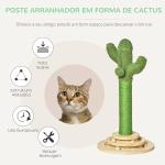 Poste Arranhador para Gatos em Forma de Cactus Pequena Árvore Arranhadora para Gatos com Poste de Sisal e Pelúcia Bola Suspensa e Base com Brinquedo de Madeira 32x32x60cm Verde