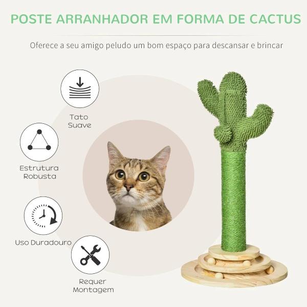 Poste Arranhador para Gatos em Forma de Cactus Pequena Árvore Arranhadora para Gatos com Poste de Sisal e Pelúcia Bola Suspensa e Base com Brinquedo de Madeira 32x32x60cm Verde