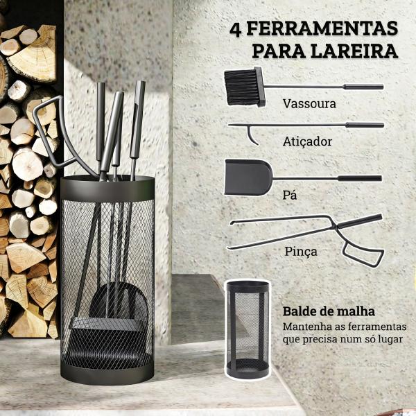 Conjunto para Lareira de 5 Peças em Metal com Escova, Pá, Tenaz, Atiçador e Suporte Ø16x33,5 cm Preto