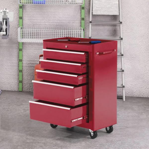 Carrinho de Ferramentas para Oficina com Rodas e 5 Gavetas Fechadura e Alça Lateral 61,5x33x85 cm Vermelho