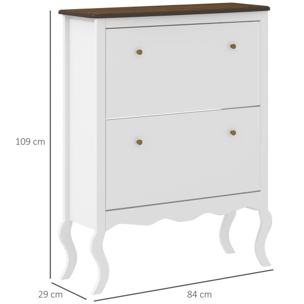 Móvel Sapateira Estilo Francês Sapateira com 2 Gavetas Prateleiras Ajustáveis para 16 Pares de Sapato 84x29x109 cm Branco