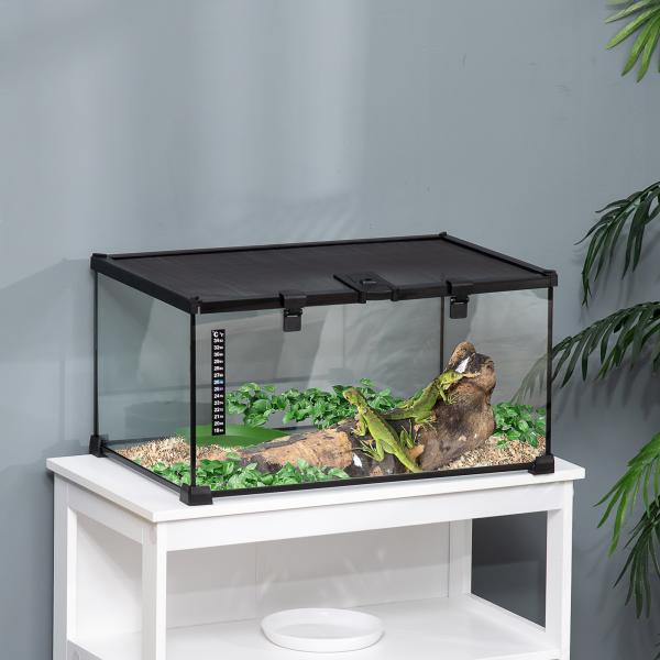 Terrário para Répteis em Vidro com Termómetro e Taça de Água para Lagartos, Cobras e Aranhas 50x30x25 cm Preto