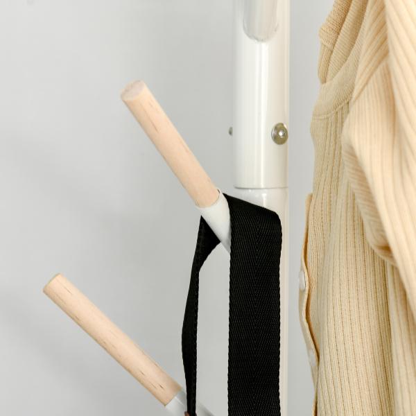 Cabide de Pé de Madeira com 6 Ganchos para Roupa Bolsas e Estrutura de Metal 35x35x174cm Branco e Madeira