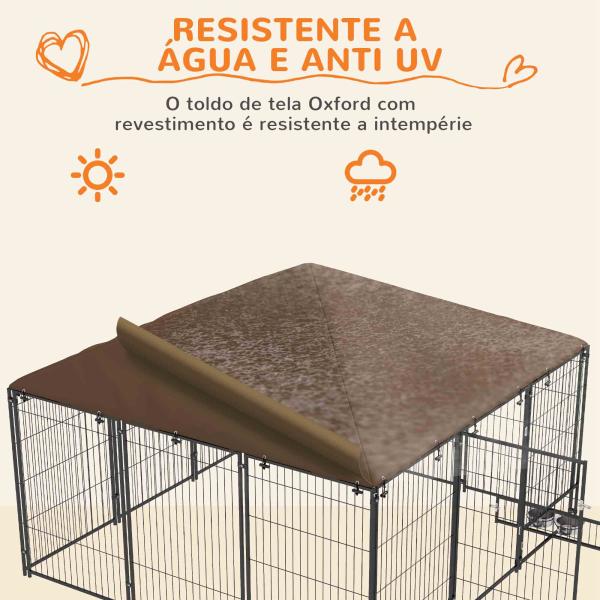 Parque para Cães com Toldo Canil para Exterior com Suporte Giratório para Comida 2 Tigelas 211x211x151 cm Preto Marrom