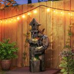 Fonte de Jardim 2 em 1 com Casa para Pássaros Fonte de Água com Luzes LED Bomba Fonte Decorativa com Troncos de Árvore Multicor