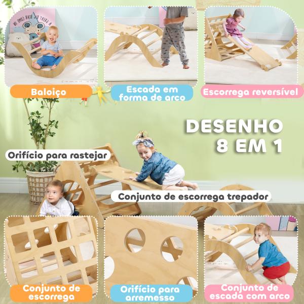 Triângulo de Escalar de Madeira 8 em 1 Jogo de Aprendizagem com Rampa Escada em Forma de Arco 175x59,5x60 cm Madeira