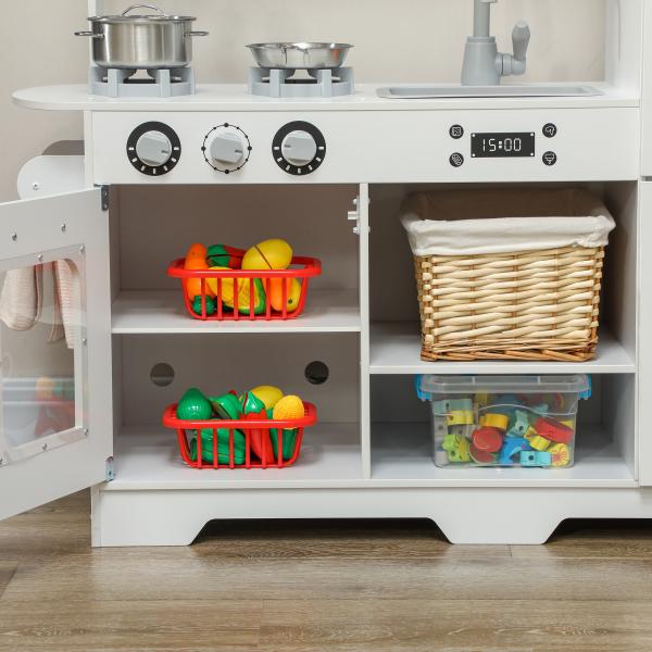 Cozinha de Madeira para Crianças com Fogão Lavatório Micro - Ondas Relógio Máquina de Gelo e Acessórios 100,5x41x110 cm Brancp