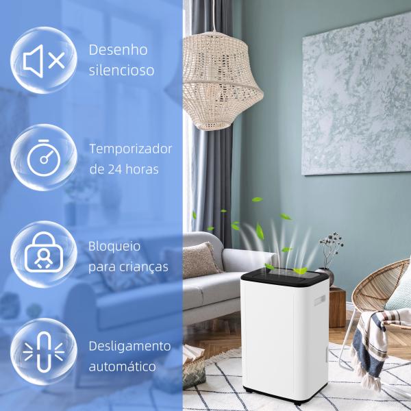 Desumidificador Depósito de Água 6 Litros 20L/Dia com 4 Modos 2 Velocidades Ecrã LED Temporizador 33,5x26x53 cm Branco