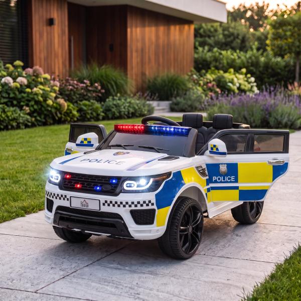 Carro Elétrico Crianças 12V Policial com Bluetooth USB Luz Sirene 110x68x52 cm Brincar Infantil Branco