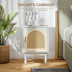 Mesa de Cabeceira com Porta de Vime Prateleira Ajustável e Pés de Madeira Estilo Boémio Mesa Auxiliar 40x35x58 cm Branco