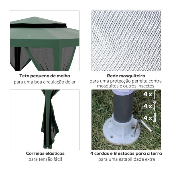 Pérgola de Jardim com 4 Mosquiteiras Teto Duplo 8 Orifícios de Drenagem e Estrutura de Metal 297x297x268 cm Verde