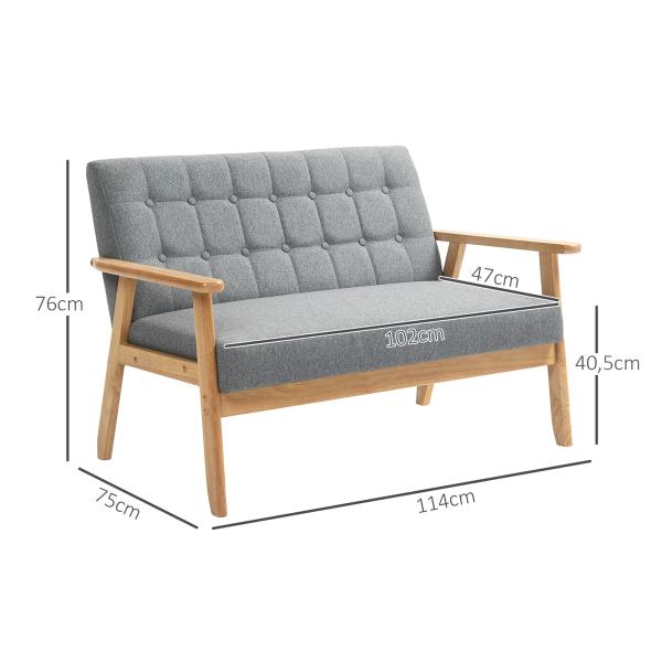 Sofá 2 Lugares Estofado em Linho com Apoio para os Braços de Madeira Encosto Acolchoado 114x75x76 cm Cinza Claro