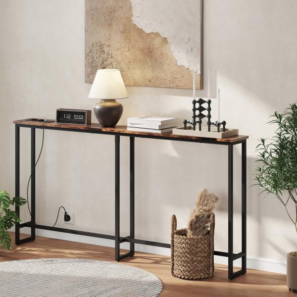 Mesa de Consola Estreita Consola com Estação de Carga Estrutura de Aço Estilo Industrial para 160x20x80 cm Marrom Rústico