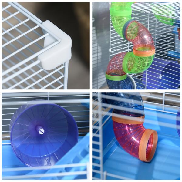 Gaiola para Hamster, Casa para Hamster com Túnel, Comedouro, Bebedouro, Casinha, Rampa, Roda de Exercício, Plataforma e Alça, Bandeja Removível, para Ratos e Gerbos, 46x30x37 cm, Azul
