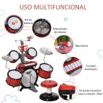 Kit de Bateria Infantil para Crianças Acima de 3 Anos com Tamborete Microfone Pratos Teclado e Vários Efeitos de DJ 77,5x40x76,5 cm Vermelho