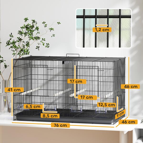 Gaiola para Pássaros com Divisória Gaiola para Aves com 4 Comedouros 4 Poleiros e Bandeja Amovível 76x46x46 cm Preto