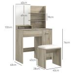 Toucador de Maquilhagem com Banco Mesa de Maquilhagem com Espelho Prateleiras e Gaveta 80x40x132 cm Madeira e Bege