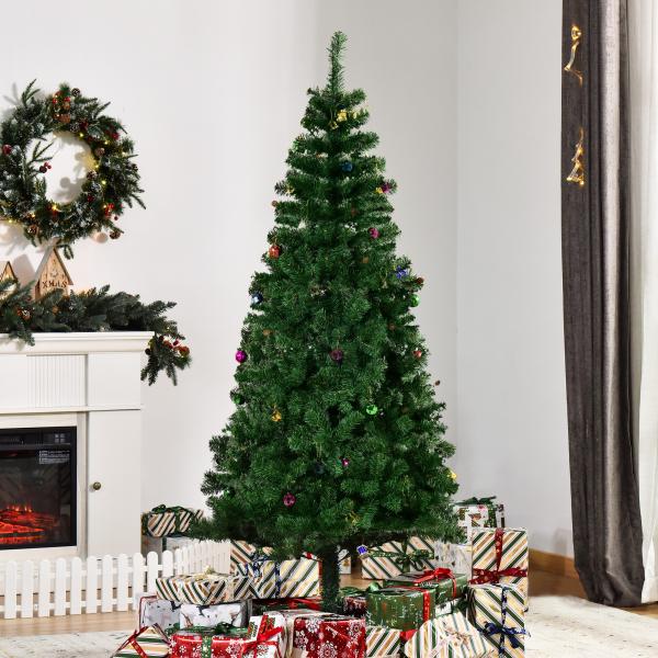 Árvore de Natal Artificial 180cm Ignífugo com 624 Ramos 48 Decorações Folhas de PVC e Suporte Metálico Verde