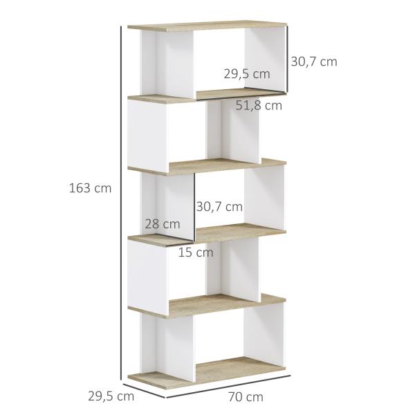 Estante para Livros Estilo Nórdico Estante com 5 Prateleiras Anti - Tombo Carga 25 kg 70x29,5x163 cm Branco e Madeira