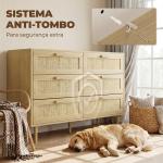 Cómoda para Quarto com 6 Gavetas e Frontal de Vime Pés de Madeira Estilo Bohemio 110x40x75 cm Madeira