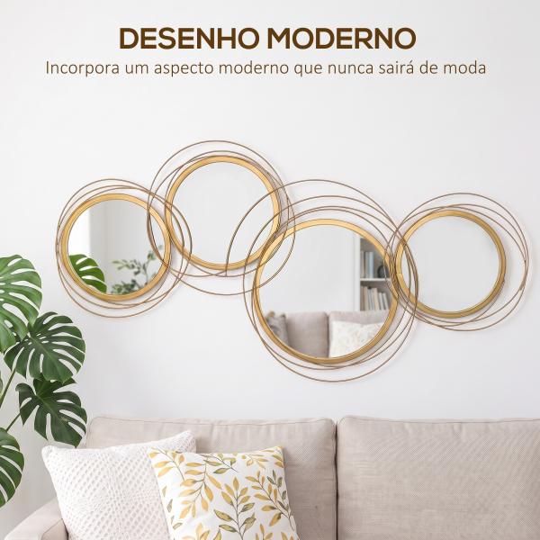 Decoração de Parede 3D de Espelhos Redondos 107x56cm Arte de Parede Decoração de Parede Metálica Dourado