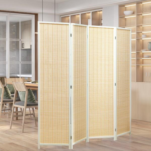 Biombo de 4 Painéis Dobrável Separador de Ambientes Tecido a Mão de Bambu e Fio de Algodão 180x180 cm Branco