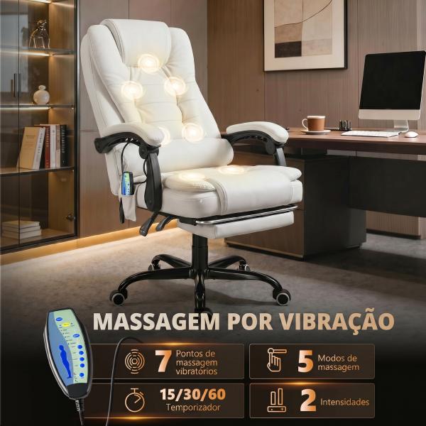 Cadeira de Escritório com 7 Pontos de Massagem com Apoio para os Pés Retrátil, Altura Ajustável, Comando Remoto e Tecido PU Branco