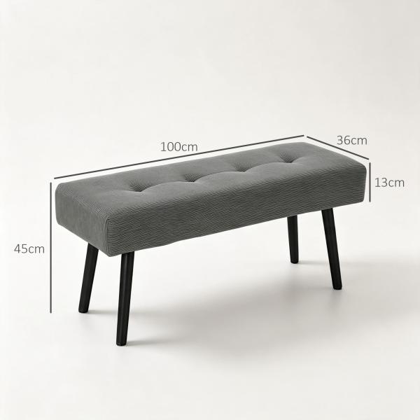 Banco de Pé de Cama Estofado em Bombazina com Assento Acolchoado, Design Capitoné e Pés de Aço para Quarto, Cinzento