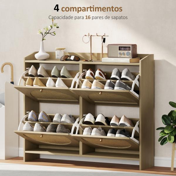 Sapateira Estreita com 4 Portas de Vime Sapateira para Entrada com Prateleiras Ajustáveis para 16 Pares de Sapatos 104,5x24x88 cm Madeira