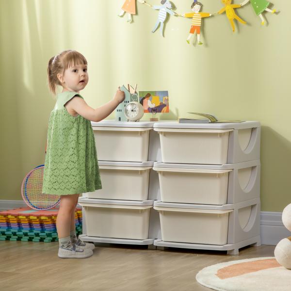 Organizador de Brinquedos com 6 Gavetas para Crianças com Bordas Arredondadas e Pegas 75x37x56,5 cm Creme e Cinza