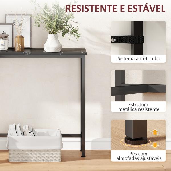 Mesa Consola Moderna Consola de Entrada Estreita com Superfície com Efeito Mármore e Estrutura de Metal 100x20x66 cm Preto