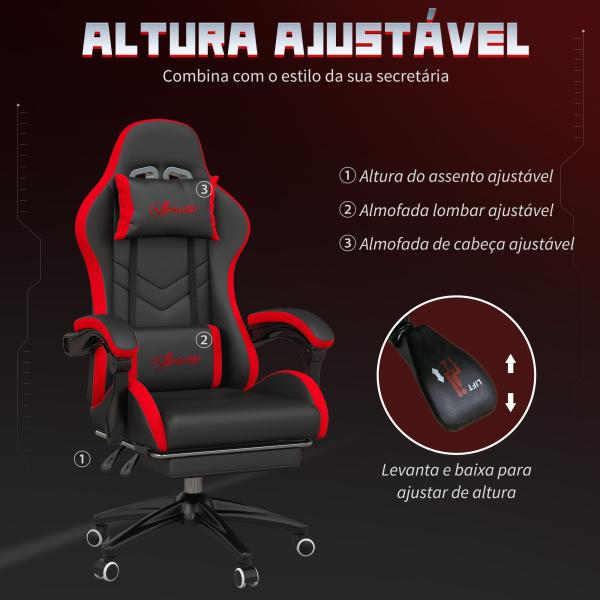 Cadeira Gaming Ergonómica Reclinável 135° de Couro PU com Suporte Lombar Altura Ajustável 65x65x129 cm Preto e Vermelho