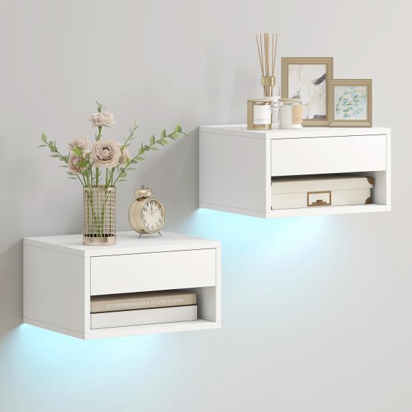 Conjunto de 2 Mesas de Cabeceira Flutuantes com Luzes LED RGB Controlo por APP e Prateleira Aberta 37x32x21 cm Branco