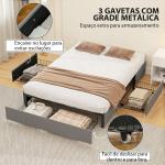 Cama de Casal 140x190 cm Estrado com 3 Gavetas e Estrutura Metálica Suporta 363 kg Cinzento