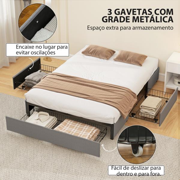Cama de Casal 140x190 cm Estrado com 3 Gavetas e Estrutura Metálica Suporta 363 kg Cinzento