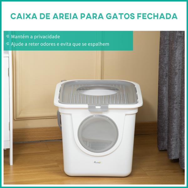 Caixa de Areia para Gatos com Pá Sanita para Animais de Estimação com 2 Portas 44x55x39 cm Branco e Cinza