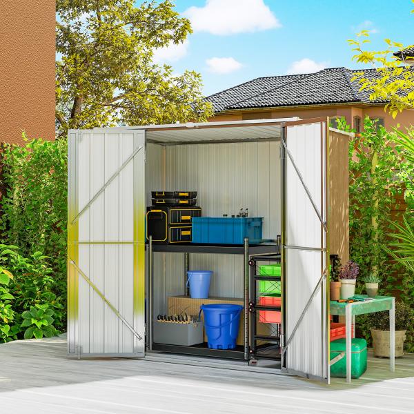 Abrigo de Jardim Exterior Metálico 1,37 m² 163x89x163 cm com Telhado Inclinado, Portas com Fecho e Luvas Castanho
