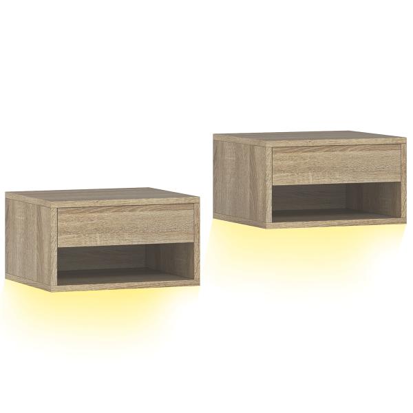 Conjunto de 2 Mesas de Cabeceira Flutuantes com Luzes LED RGB Controlo por APP e Prateleira Aberta 37x32x21 cm Madeira