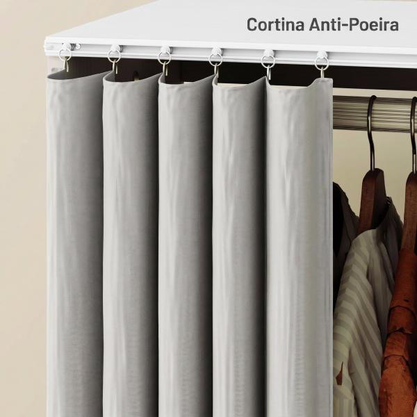 Roupeiro com Rodas, Cortina, Barra para Pendurar Roupa e 3 Prateleiras Abertas para Quarto, 80x40x128 cm, Branco