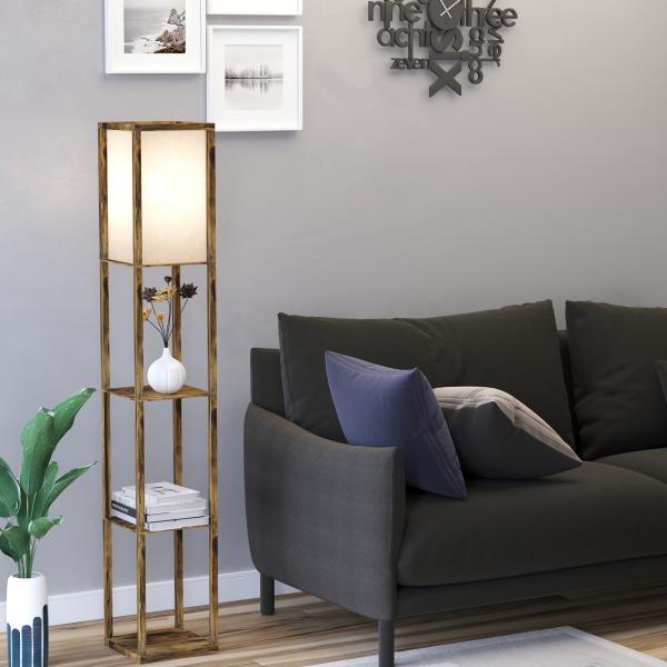 Candeeiro de Pé de Madeira com 3 Prateleiras para Lâmpada E27 Potência Máx. 40W 26x26x160 cm Marrom Rústico
