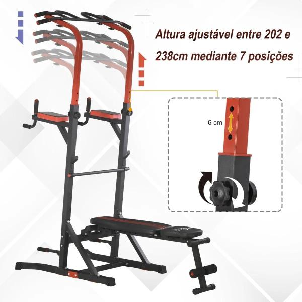 Estação de Musculação Torre de Treinamento com Altura Ajustável e Encosto Regulável em 7 Posições Barra de Elevação Flexões Aço 108x178x202 - 238cm Preto