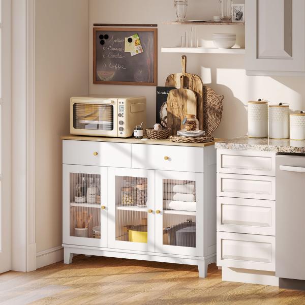 Aparador Branco 3 Portas de Vidro Aparador Sala de Estar Moderno com 2 Gavetas e Prateleiras Ajustáveis 100x35x80,3 cm